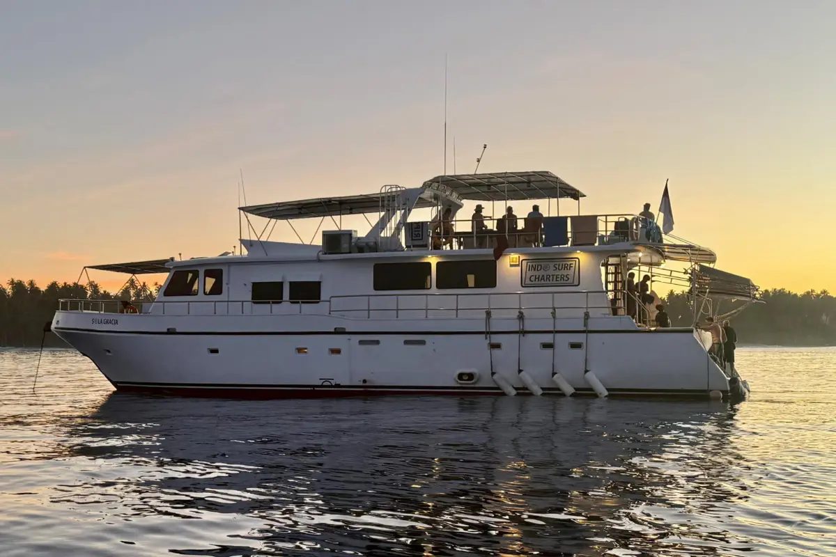 Charter boat floating on calm sea during soft sunset