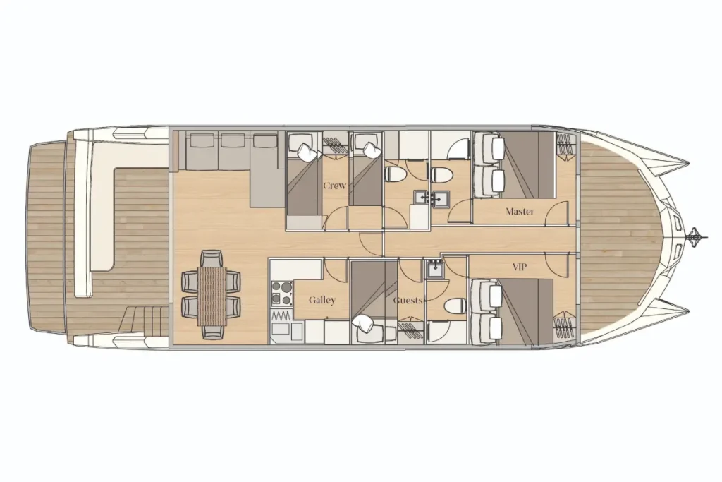 Floor plan diagram of a luxury yacht layout with cabins